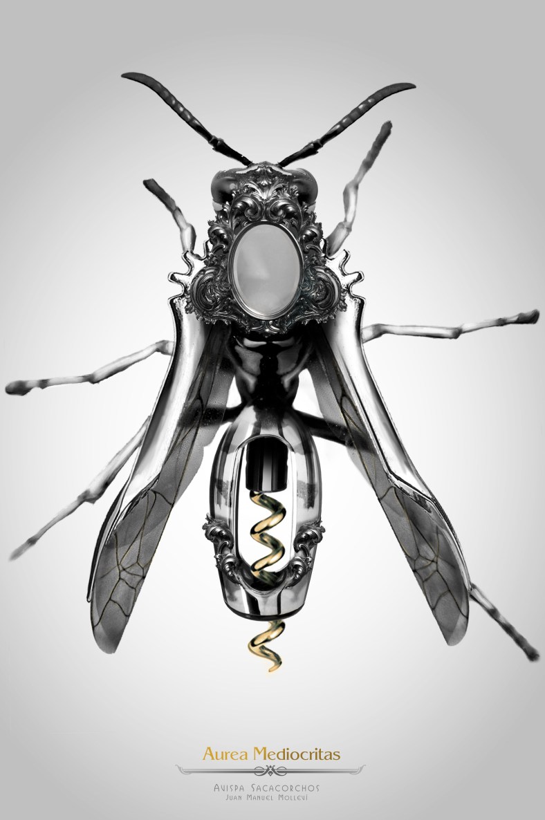 Avispa Sacacorchos insects, insect, steampunk, art, artist, molleví, bug, coleopter, beettle, beatle, dragonfly, fork, carmin, lipstick, clock, watch, spoon, silver, gold, golden, mechanical, ladybug, worm, animals, barroco, rococo, jewelry, jewels, parfum, spider, aracne, arachnid, black, dark, poison, bee, wine, design, stilish, luxury, scary, rubi, diamond, magic, fantasy, witch, wizard, macro, photoshop, handcraft, blacksmith, life