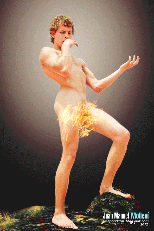 Apolo, god of the Sun, Helios, Fire, naked boy twink in flames, burning lava in volcan